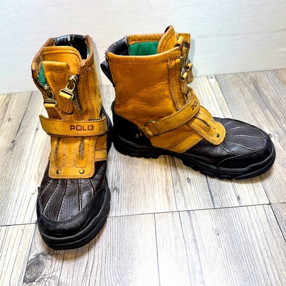 Polo By Ralph Lauren Youth Boys Size 3 Duck Boots Leather Strap Zip Outdoors - Picture 1 of 9